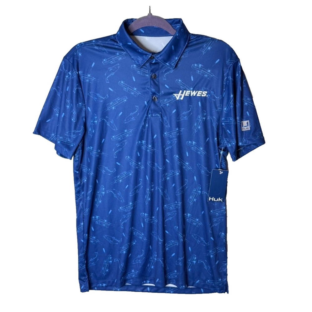Huk Fishing Polo Hewes Boats Mens S NEW Blue Fish Wagon All Over Geometric Print - Picture 2 of 11